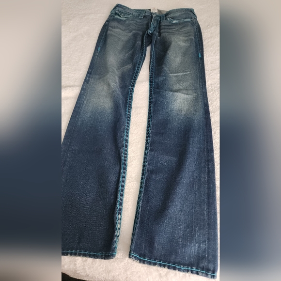 True Religion low rise boot cut jeans with turquoise stitching, distressed style - Picture 5 of 6